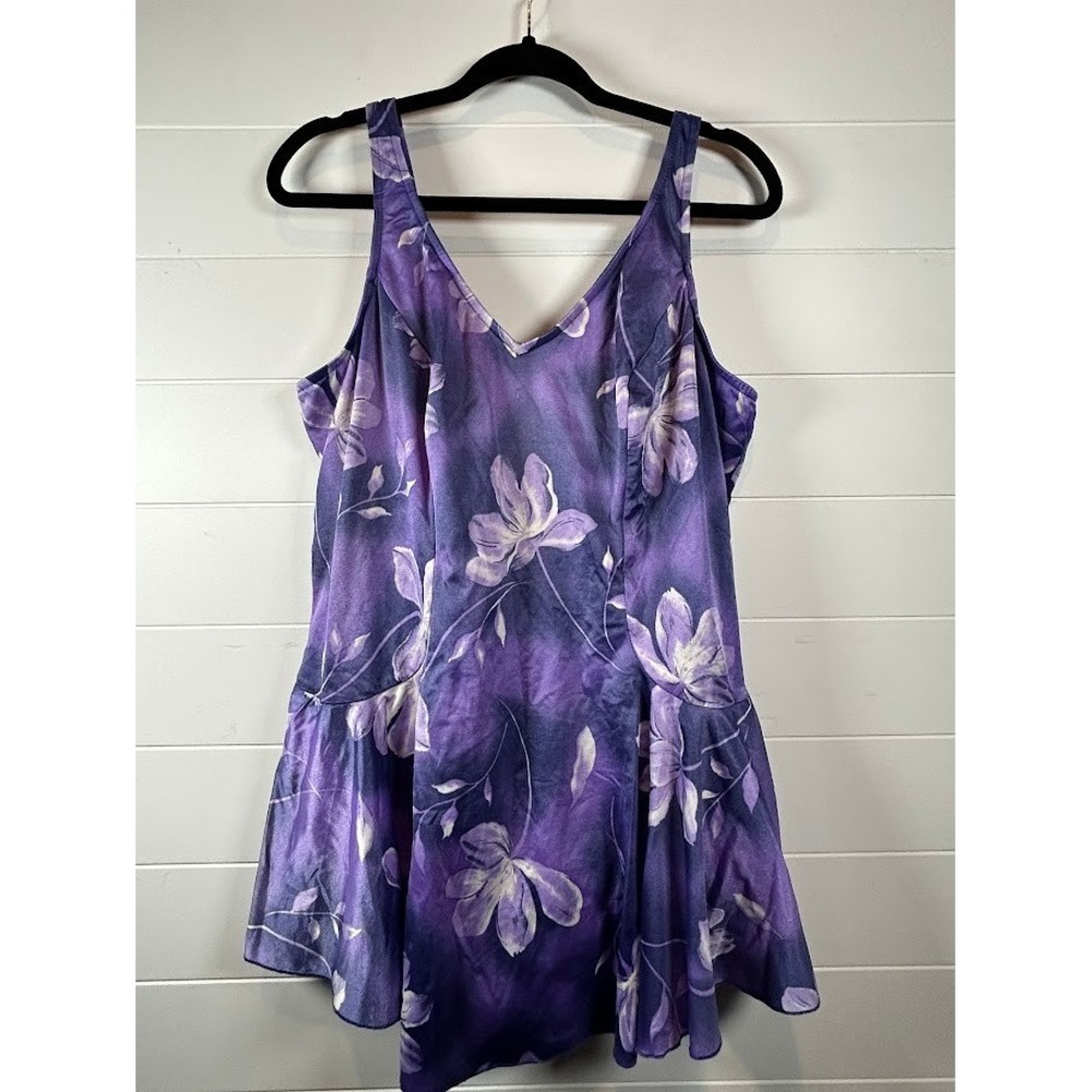 Le Cove Vintage Purple Floral Swim Dress One Piece Swimsuit‎ 26W Made in USA